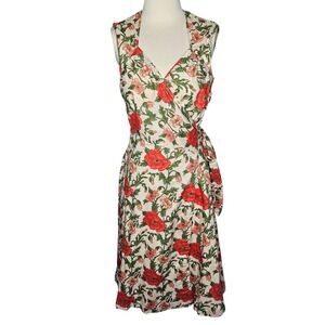 Odille Anthropologie Red Poppy Floral Wrap Dress Cotton Midi Cottagecore Sz 6
